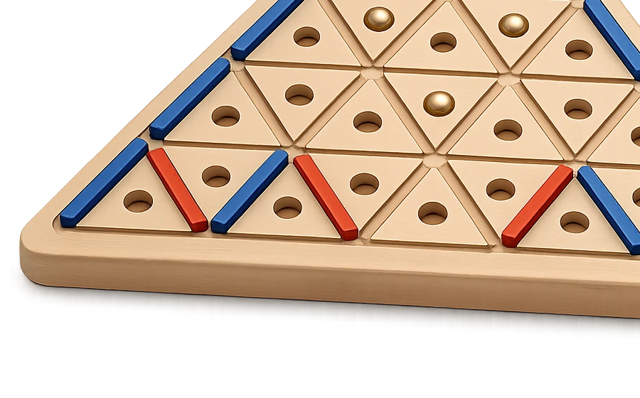 Close-up of open lines and coloured pieces on the Triyra board