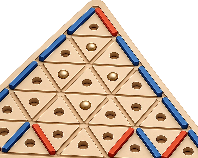Close-up of completed triangles marked with gold balls